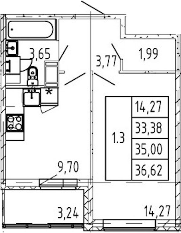 1-комнатная квартира 33.38 м², 12/12 эт., ЖК «Полис ЛАВрики»